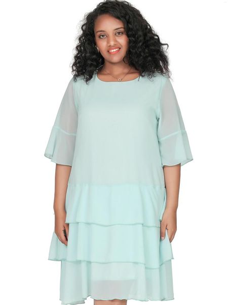 Vestidos tamanho grande manga meia manga verão elegante vestido de chiffon feminino decote em O forrado babado em camadas comprimento fino praia casual 6XL 7XL