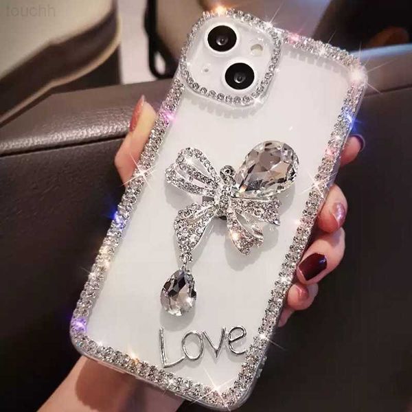Étuis de téléphone portable Luxe Glitter Crystal Diamond Bow Tie Phone Case pour iPhone 14 13 12 11 Pro Max X XS XR 7 8 Plus SE Silicone Floral Bling Cover L230731