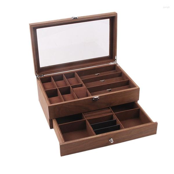 Sacchetti per gioielli Alta qualità 6/3 griglie Organizzatore per orologi in legno Serratura in vetro Doppio strato Retro Glasse Box Custodia per esposizione Cofanetto