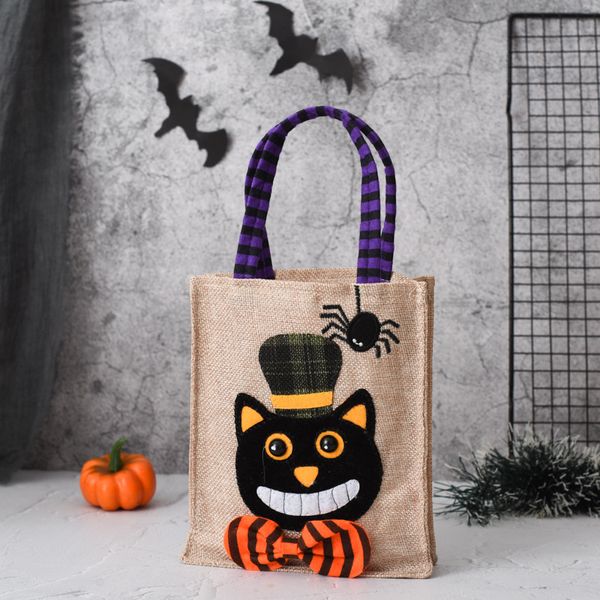 10pcs Borse per la spesa Holloween Pumpkin Black Cat Lino Modello verticale Bambini Candy Gift Bag Mix Style