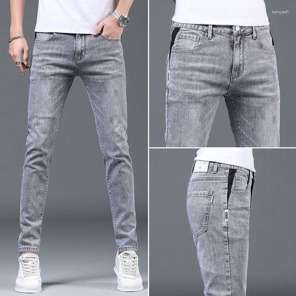 Jeans Masculino Elegante Luxo Cinza Sólido Calças Jeans Slim Fit Tretch Drsigner Skinny Para Vestuário Casual de Verão