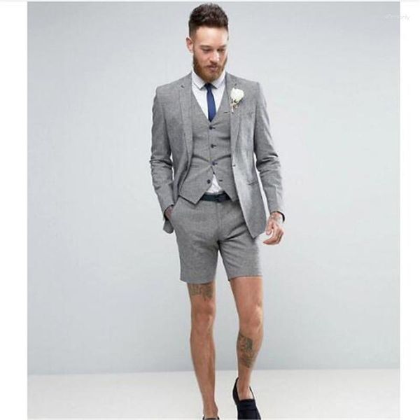 Herrenanzüge Hellgrau Shorts Sommer Eleganter Anzug (Jacke Hose Weste) Lässiger Bräutigam Smoking Strand Hochzeit Mann Blazer 5LMR