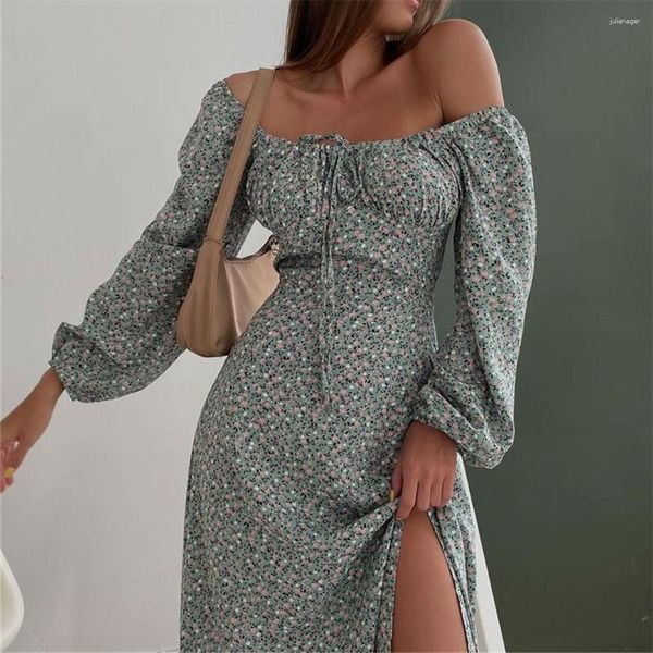 Robes Décontractées Style Européen Slash Neck Robe Florale Femmes Longueur Cheville Split Taille Haute Sexy Manches Longues Lanterne Vintage Jupe Longue