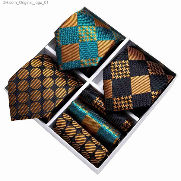 Cravatte Confezione regalo Cravatta da uomo Set di cravatte da lavoro formale da matrimonio 3 pezzi Collana da uomo in oro nero verde con gemelli Hanky Set da regalo DibanGu da uomo Z230802