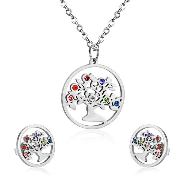 Modisches Baum-des-Leben-Schmuckset für Damen, Ohrringe mit Steinen, Kristall-Halsband, Halskette, verstellbares Armband, Schmuckset