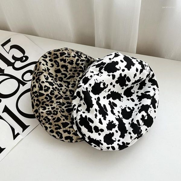 Berets Koreanische Retro Kuh Muster Frauen Vorwärts Hut Street Fashion Trend Vielseitig Yuppie Leopard Print Baskenmütze Casual männer Maler Kappe