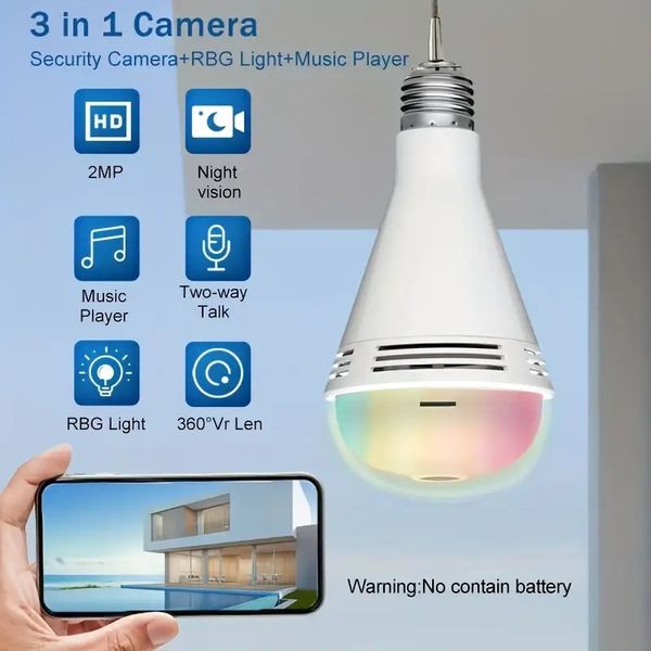 Lâmpada de câmera de vigilância inteligente sem fio 1pc 2.4G, reprodutor de música de vigilância de segurança RBG luz 3 em 1, câmera de lâmpada HD de lente VR com visão noturna intercomunicador bidirecional