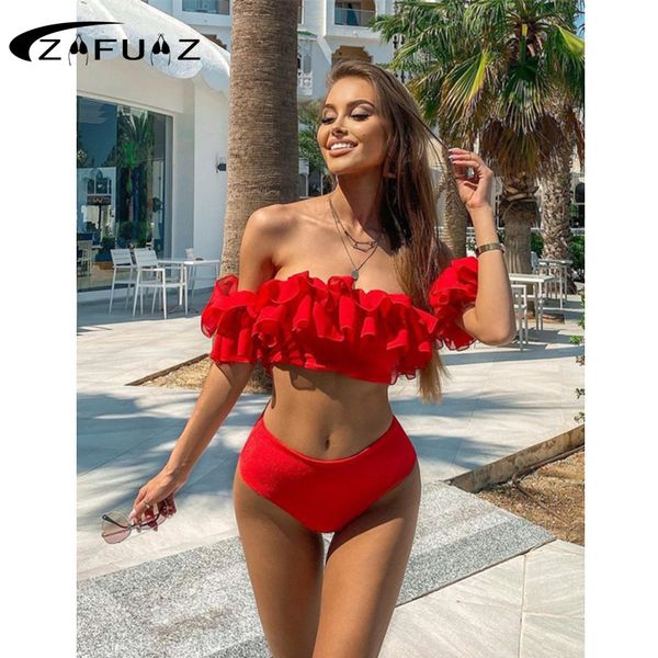 Costume da bagno donna sexy bikini rosso con volant costume da bagno 2023 vita alta con spalle scoperte costume da bagno beachwear fascia biquini 230802