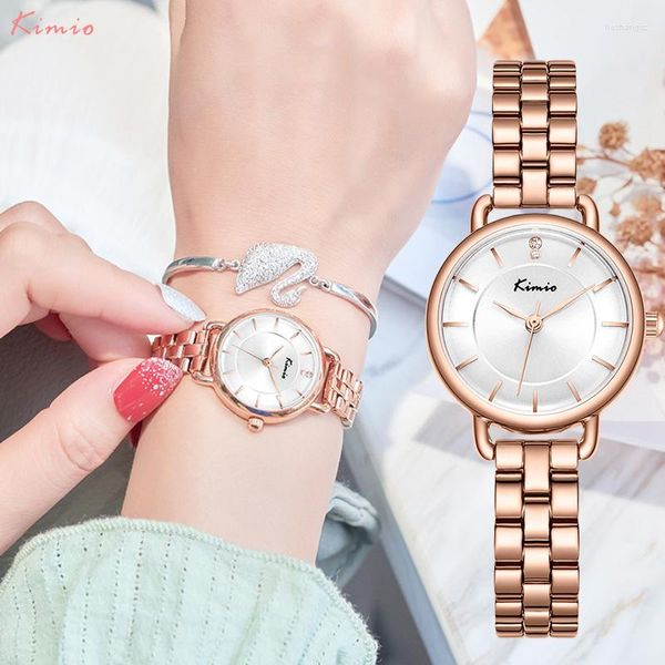 Relógios de pulso Kimio Relógio de cristal de luxo feminino à prova d'água ouro rosa pulseira de aço senhoras relógios de pulso de marca superior relógio relógio relógio