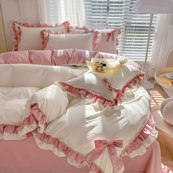 Yatak takımları pembe kız seti lüks prenses fırfır yay yatak keten kalıp sıcak yıkanmış pamuk yorgan kapak yastık kılıfı dekor yatak odası 230802