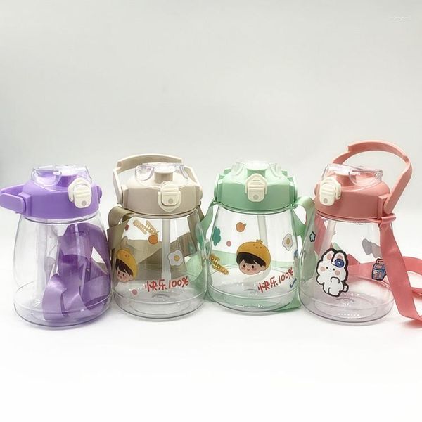 Wasserflaschen Kawaii süß für Kinder Mädchen mit Strohhalm 1300 ml Bauchbecher Kunststoff BPA-frei auslaufsicher Sport tragbare Trinkflasche Geschenk