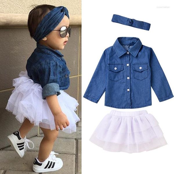 Conjuntos de roupas 2023moda verão bebê meninas conjunto de roupas jeans camisa top tutu saias bandana 3pcs roupas primavera crianças 0-5t