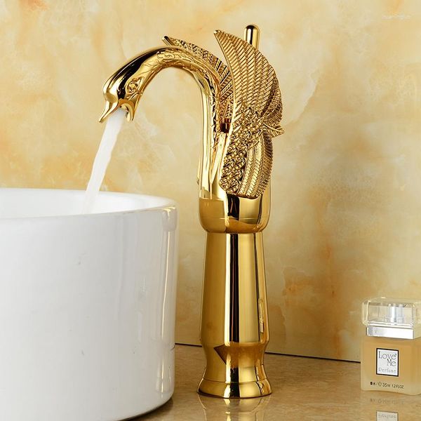 Rubinetti per lavabo da bagno Rubinetto per cigno in stile freddo ed europeo Lavabo retrò dorato Antico doppio manico Foro singolo