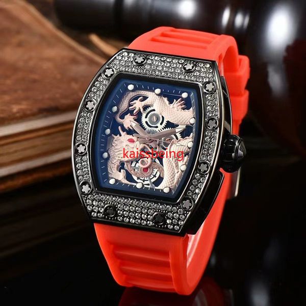 Relógio masculino multifuncional automático de 3 pinos Relógio masculino de luxo com estampa de dragão que brilha no escuro cravejado de diamantes 147
