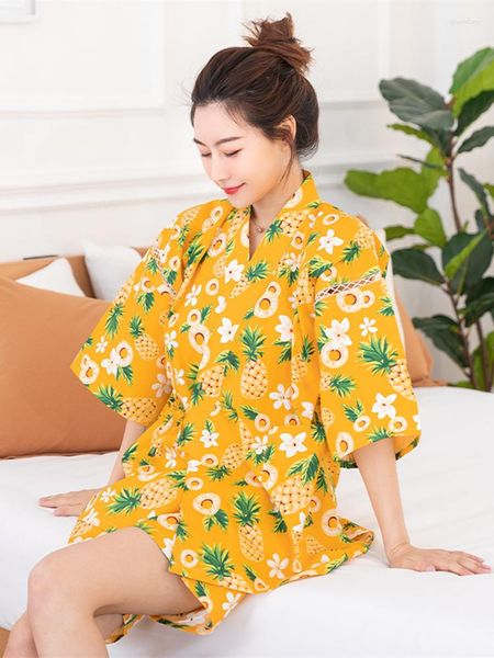 Ethnische Kleidung Paar Japan-Stil Baumwolle Home Wear Blumendrucke Damen Kurzarm Sommer Pyjama Set Herren Bademantel