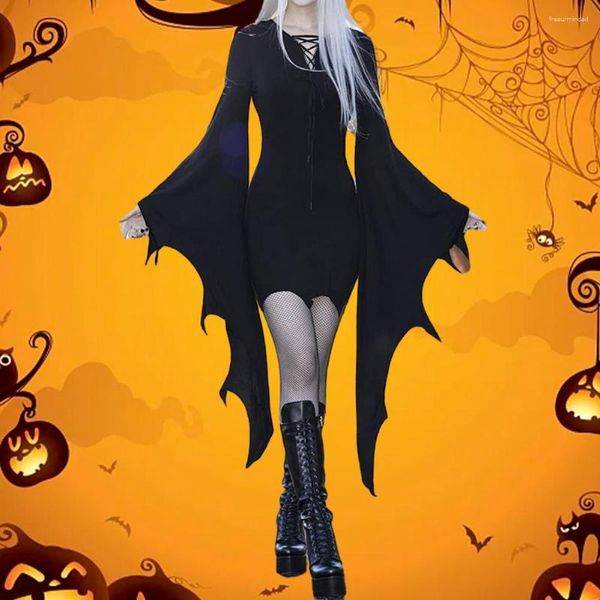 Vestidos casuais Vestido de halloween fantasia de bruxa estilo escuro com mangas morcego punho irregular design com cadarço fino para festa