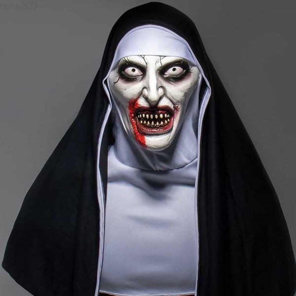 Maschere per feste Creppy Nun Mask Cosplay Horror Maschere in lattice con foulard Casco integrale Halloween Dress Up Masquerade Party Costume Puntelli L230803