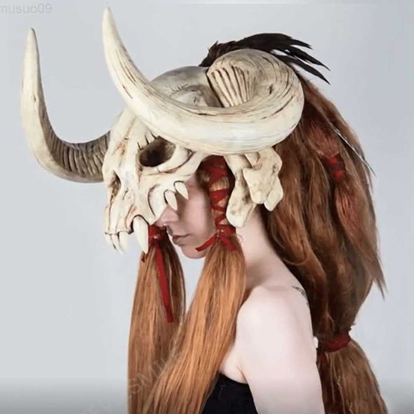 Maschere per feste Testa di mucca Maschera di teschio Spaventoso Maschera di corno di animale Horror Halloween Masquerade Carnevale Cosplay Party Costume Prop L230803