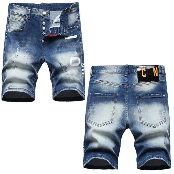 Мужские коленные джинсы Короткие джинсы прямые дыры с тугим джинсовым клубом Blue Cotton Лето мужчины повседневные повседневные разорванные брюки Стиль отдыха CXG08032