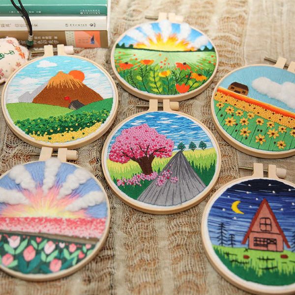 Produkte im chinesischen Stil Landschaft DIY Stickerei Muster gedruckt Blumenkreuzstich Hoop Set Nadel Arbeit Rahmen Nähen Kunsthandwerk Malerei Home Decor