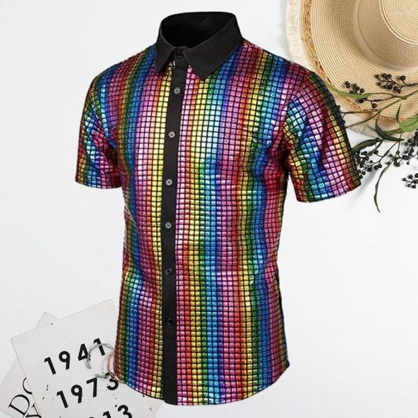 T-Shirts für Herren, atmungsaktiv, reflektierend, glänzende Pailletten, 70er-Jahre, Disco, Club, Vintage-Stil, Umlegekragen, kurze Ärmel, Knopfleiste für Herren