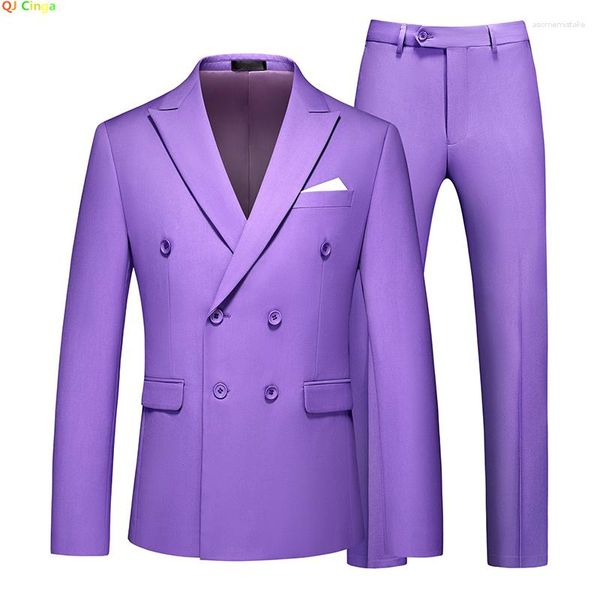 Ternos Masculinos Violeta Seios Duplos Terno Cor Sólida Casaco / Slim Casamento 2 Peças Blazers Jaqueta Calças Calças M-5XL 6XL