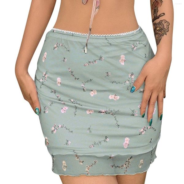 Saias Saia de Malha de Camada Dupla Casual Mini Estampa Floral Alta Elasticidade Feminina Estilo Coreano Moda Senhora Minissaia Verão