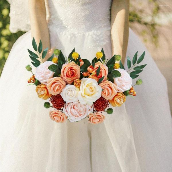 Fiori decorativi Bouquet di fiori artificiali Scatola pregevole fattura Matrimonio realistico con foglie Mazzi fai da te Decorazione domestica