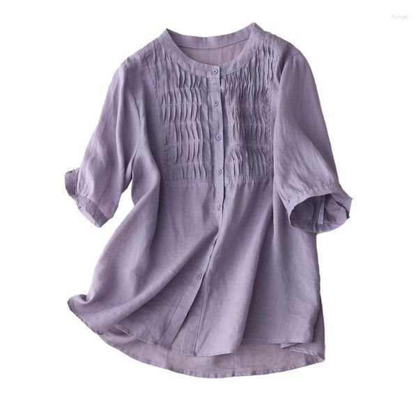 Camicette da donna in cotone e camicia di lino con design a pieghe rotonde a collo rotondo 2023 top elegante di colore solido estivo per donne