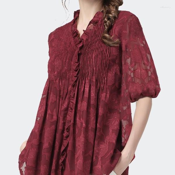 Damenblusen Europäische Spitzenbluse Frauen Taille über Bauchgewicht gewickelt 3/4-Ärmel Frühling/Sommer Lose Chiffon-Hemd Weibliche Tops