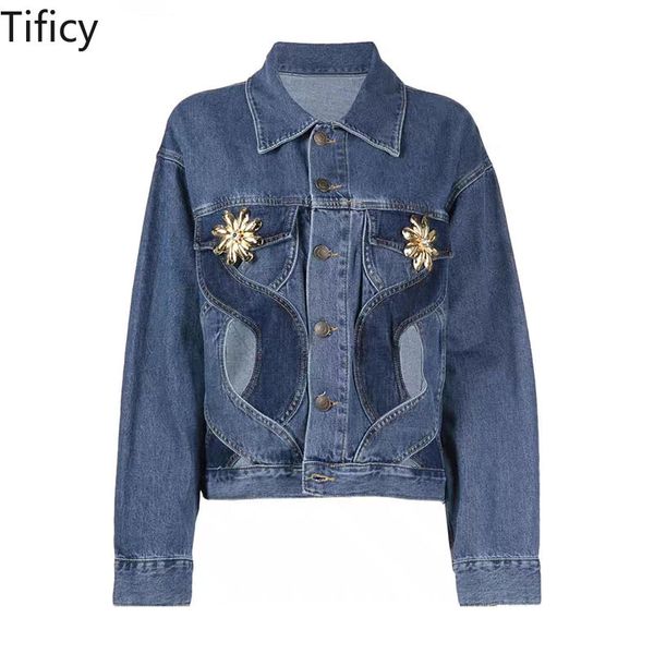 Damenjacken TIFICY Personalisierte Ausschnitt-Design-Jeansjacke Herbst-Liebesmuster Bright Diamond Casual Denim Top 230803