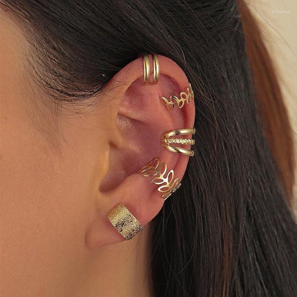 Orecchini posteriori Earless Piercing Ear Bone Clip Set di 5 pezzi di foglie d'oro scavate ornamenti multistrato a forma di C per le donne