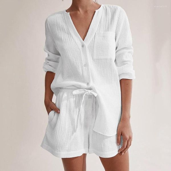 Indumenti da notte da donna 2023 Pigiama estivo Pantaloncini a maniche lunghe in garza a doppio strato Tutto in cotone Tuta con aria condizionata Fashion White Home Set con scollo a V