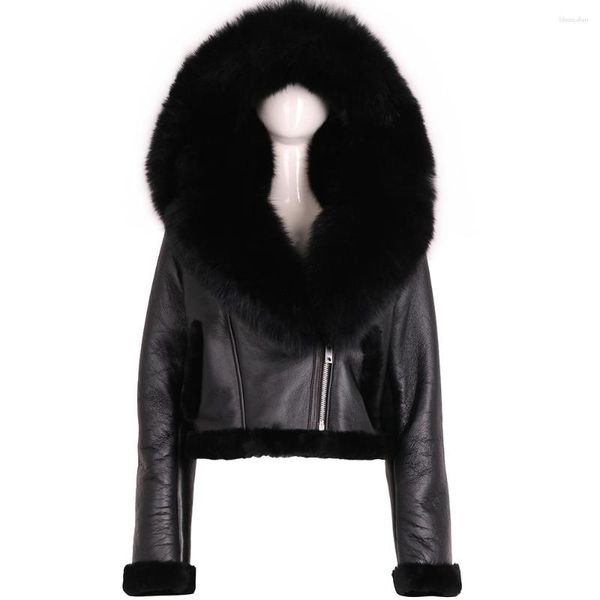 YOLOAgain in pelle da donna cappello rimovibile oversize con cappuccio in pelliccia di agnello giacca in shearling da donna inverno caldo da donna ritagliata genuina