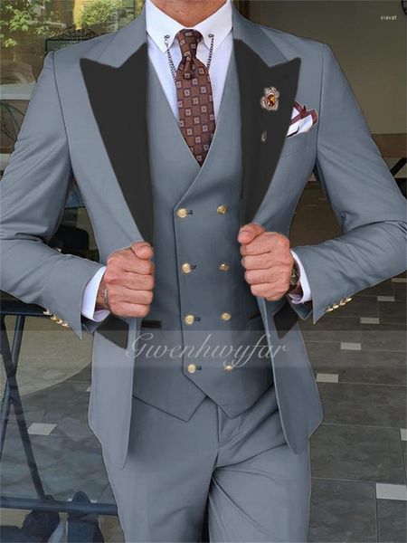 Abiti da uomo Gwenhwyfar Grigio chiaro Uomini d'affari per matrimonio Slim Fit Nero Risvolto con visiera Personalizzato Smoking dello sposo Costume di moda maschile