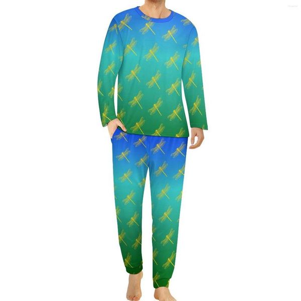 Pijama masculino Libélula Estampa Gradiente Masculino Manga Longa Kawaii Pijama Conjuntos Duas Peças Noite Primavera Presente Gráfico