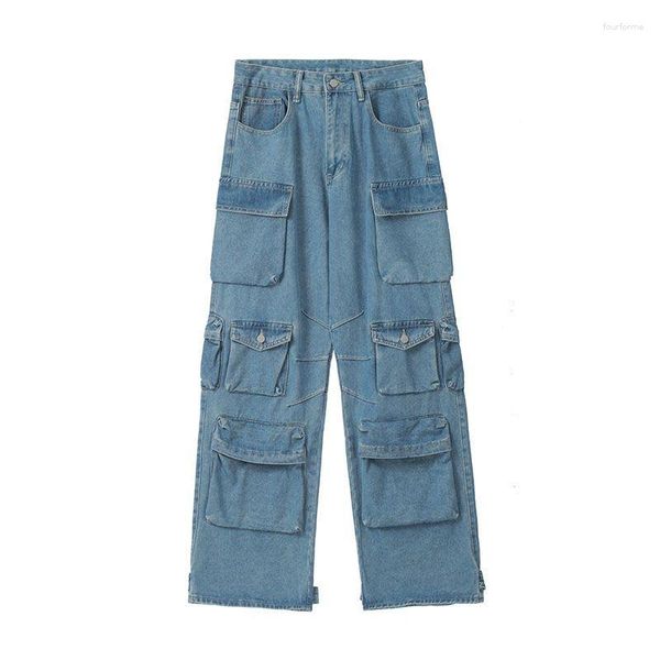 Jeans da uomo 2023 American Retro High Street Multi-tasca Blu lavato Y2K Coppie a vita alta Pantaloni larghi casual larghi da donna