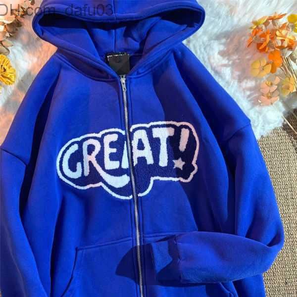 Erkek Hoodies Sweatshirts Vintage artı kadife Amerikan Mektup Kapüşonlu Hırka Kadınlar INS Klein Mavi Basılı Metin Harajuku Y2K Street Zipper Ceket Z230803