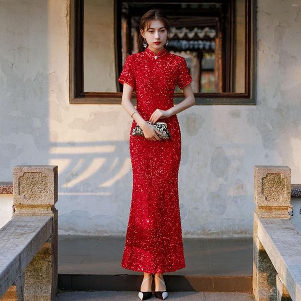 Этническая одежда сексуальная атласная атласная Qipao Oversize 3xl-6xl Red Banquet Plares Fares Fares Files