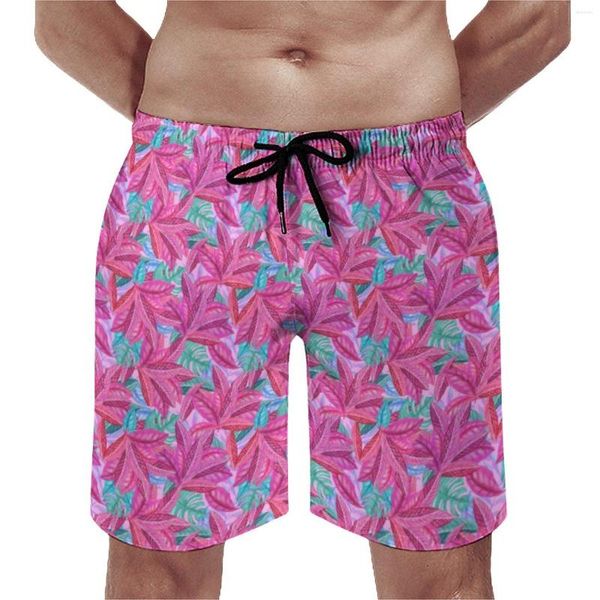 Shorts masculinos de verão para academia, fofos, folhas de praia, esportes, estampa de folhas rosa, calças curtas, baús retrô, de secagem rápida, tamanho grande