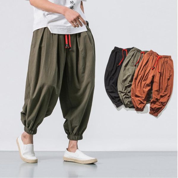 Calças masculinas 2023 primavera masculina solta harém linho chinês calça de moletom folgada calça com cordão masculina hip hop calça cintura elástica