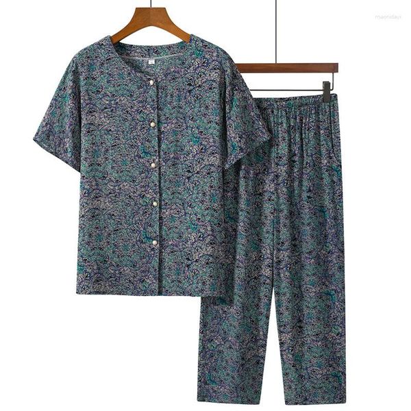 Pantaloni a due pezzi da donna XL-5XL Stampato Madre di mezza età Set manica corta Pantalone a nove punte Completo da donna 2023 Abbigliamento da nonna