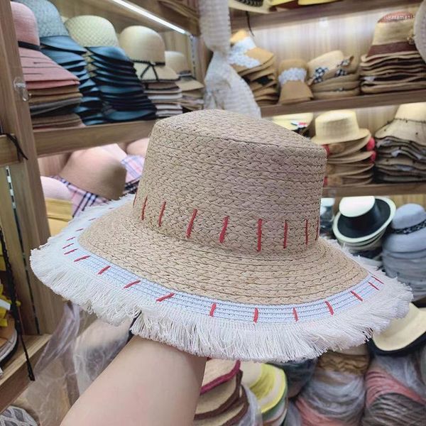 Breite Krempe Hüte Verkaufen Sommer Bast Strohhut Patchwork Quaste Böhmischen Stil Strand Schattierung Damen Sonne Für Frauen Panama Jazz Caps Chapeau