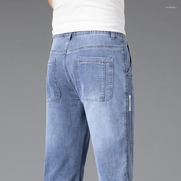 Мужские джинсы лето тонкая мода прямая свободная случайная брюки мужская эластичная талия простые голубые черные джинсовые штаны