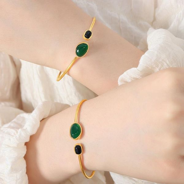 Бругл французский свет роскошный зеленый агат асимметричный браслет из нержавеющей стали очаровал женские золотые винтажные ювелирные изделия