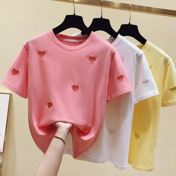 T-shirt da donna T-shirt estive T-shirt in cotone T-shirt da donna T-shirt con ricamo amore T-shirt a maniche corte Kawaii rosa Abbigliamento donna Giallo 230802