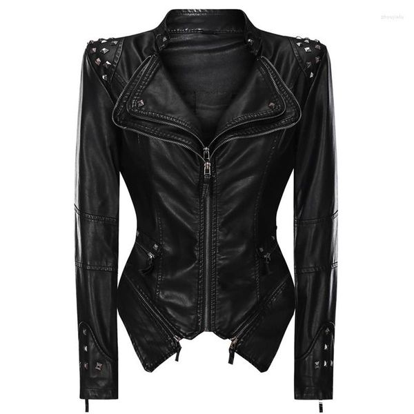 Frauen Pelz 2023 Lederjacke Frauen Mode Faux PU Jacken Damen Sexy Schwarz Motorrad Biker Streetwear Gothic Niet Mantel Chaqueta