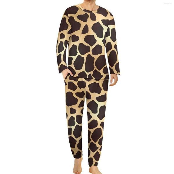 Herren-Nachtwäsche, Giraffen-Animal-Print-Pyjama, langärmelig, Goldbraun, 2-teiliges Heim-Pyjama-Set, Herbst-Männer-Muster, Kawaii, übergroße Nachtwäsche