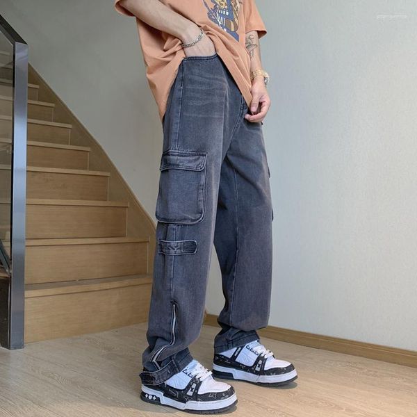 Jeans da uomo Retro Cargo Straight Fashion Streetwear Hip-Hop Dance Pantaloni da tasca grandi per giovani Pantaloni da uomo in denim