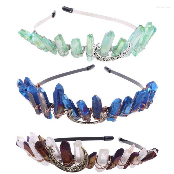 Fermagli per capelli 2023 Boho Vintage Witch Tiara Faux Raw Crystal Headband Alloy Moon Angel Aura Crown Drop